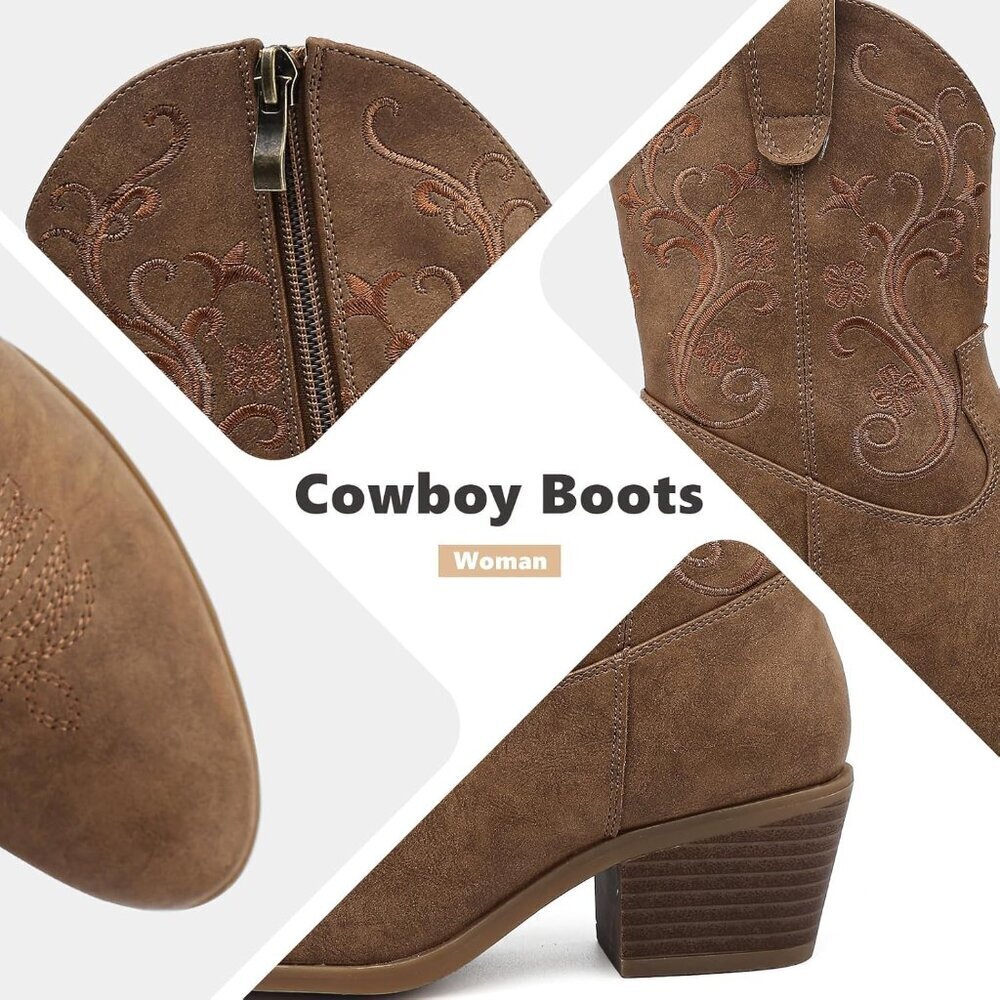 Woman's Brown Rubber Cowgirl Floral Embroidery Stylish Classic Comfortable Boots - Picture 4 of 6